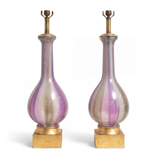 Mid-Century Modern Italian Blown Glass Table Lamps With Giltwood Bases, Pair For Sale In Atlanta - Image 6 of 6