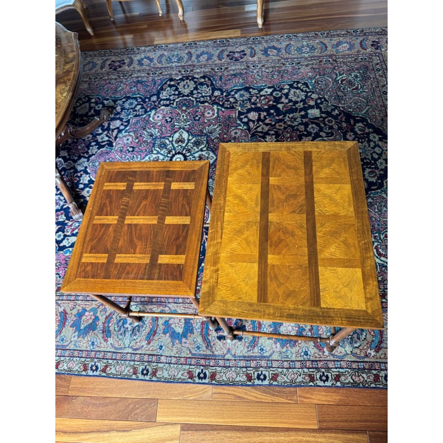 Baker Furniture English Regency Walnut and Burl Wood Parquet Top Nesting Tables, Pair For Sale - Image 11 of 12