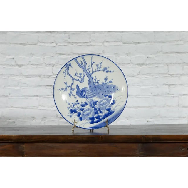 19th Century Japanese Blue and White Hand-Painted Porcelain Charger Plate with Peacock Bird For Sale - Image 5 of 13