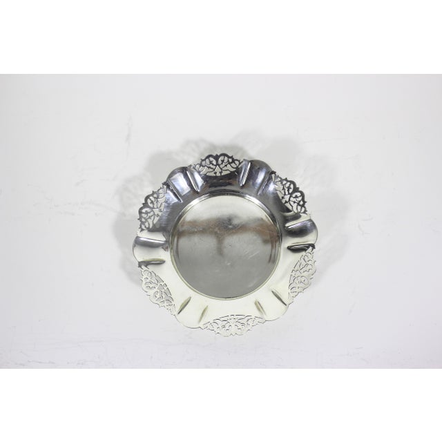 Metal Vintage Small Silver Wine Bottle Coaster Tray Ruffled Edge, Round Silver Plated Dish With Pierced Cutout Details Trinket Pillar Candleholder For Sale - Image 7 of 8