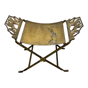 Antique Oscar Bach Style Opposing Winged Griffins Iron X Base Bench/Stool