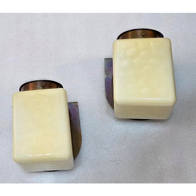 Pair Vintage Art Deco Light Old Lamp Wall Sconces Fixture Brass & Cube Cream Milk Glass Shade Lamp Ship Light For Sale - Image 6 of 8