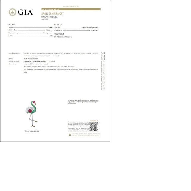 Red Burmese Spinel Emerald Diamond 18k White Yellow Gold Flamingo Brooch, Gia Cert For Sale - Image 8 of 8