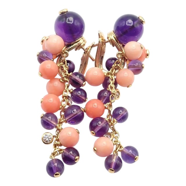 1980s Pair of Cartier Rose Gold Coral Amethyst Diamond Delices De Goa Earrings For Sale