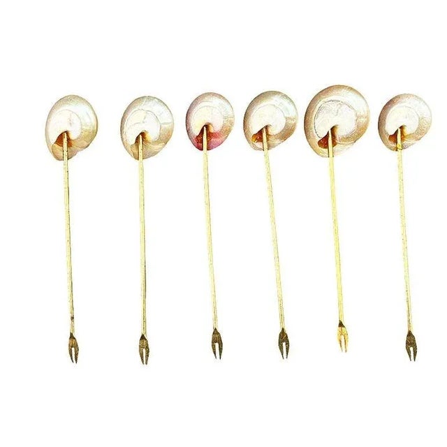 Hollywood Regency Vintage Mother of Pearl Shell and Gold Appetizer Fondue Forks- Set of 6 For Sale - Image 3 of 6