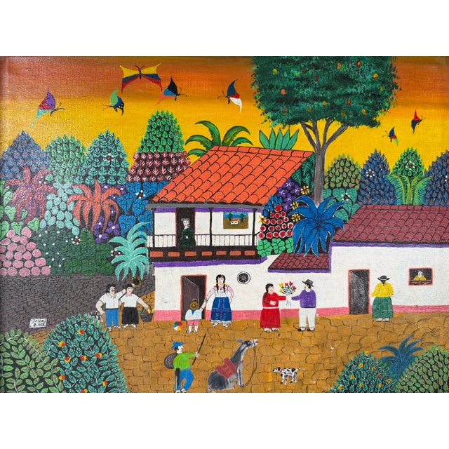 Mid-Century Modern 2003 Jadiro Colorful Latin American Folk Art Oil on Canvas Painting – Framed For Sale - Image 3 of 12