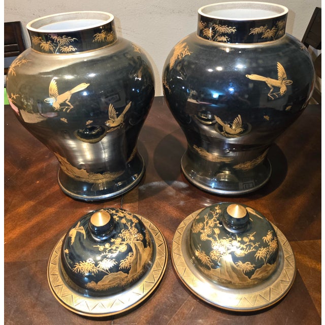 Late 19th Century Pair of Mirror Black Ginger Jars For Sale - Image 5 of 5
