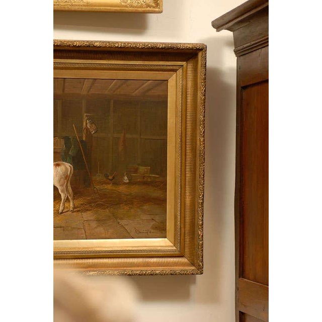 English 19th Century Oil on Canvas Farm Painting Depicting Calves and Chickens For Sale - Image 4 of 9