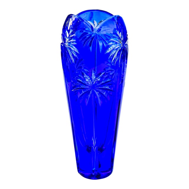 Mid 20th Century Blue Palm-Patterned Crystal-Cut Vase For Sale