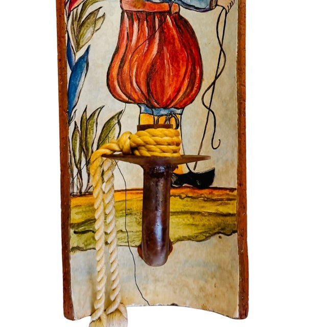 1980s French Provincial Terracotta Tile Candle Sconces With Breton Folk Figures - A Pair For Sale - Image 4 of 16