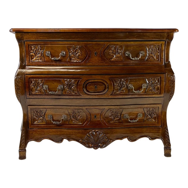 Vintage French Provincial Style Carved Walnut Bombé Commode For Sale