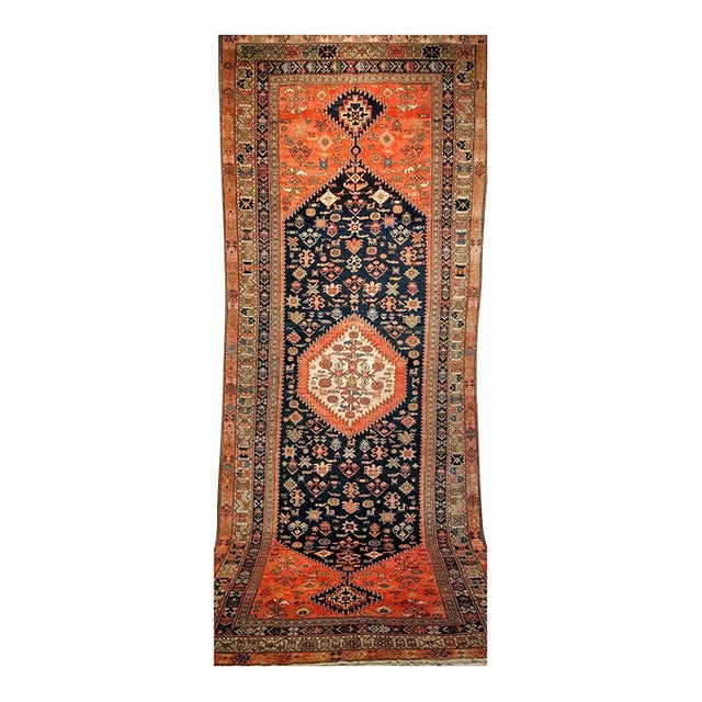 Antique Malayer Tribal Gallery Rug, Hand-Knotted Wool, Geometric Pattern, 5x13, Terracotta & Navy For Sale
