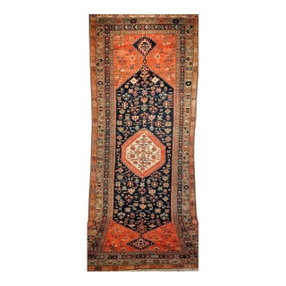 Antique Persian Malayer Tribal Gallery Rug, Hand-Knotted Wool, Geometric Pattern, 5x13, Terracotta & Navy For Sale