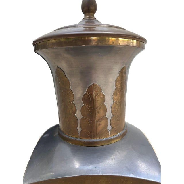 Wood Vintage Chinoiserie Pewter and Brass Urn Table Lamp With Snakeskin Embossed Shade For Sale - Image 7 of 13