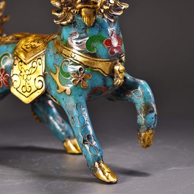 Mid 20th Century Pair of Gilt Cloisonne Enamel Qilin Figures – 5.1" Mythical Beast Statues For Sale - Image 9 of 10