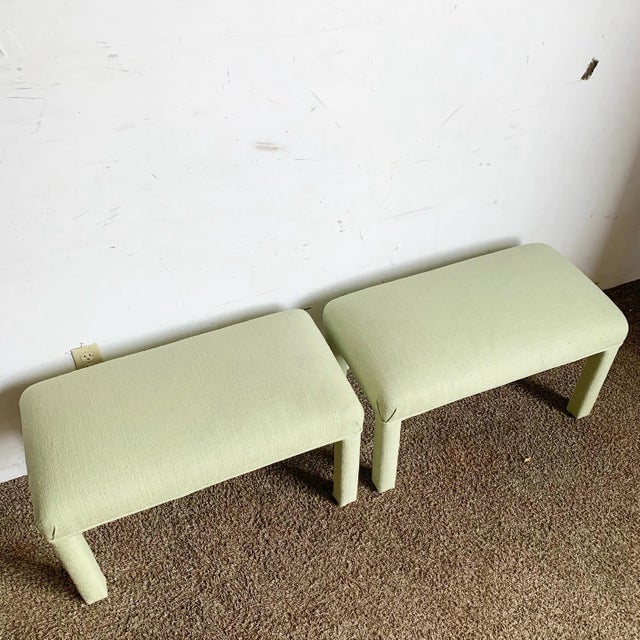Postmodern Postmodern Green Fabric Parsons Low Stools - a Pair For Sale - Image 3 of 8