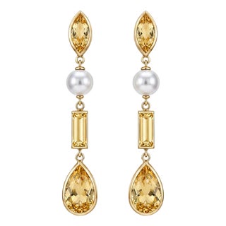 Citrine & Pearl Drop Earrings Studs, Silver, Gold, Pair For Sale