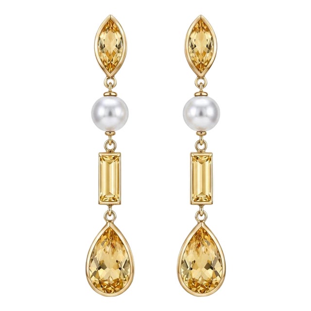 Citrine & Pearl Drop Earrings Studs, Silver, Gold, Pair For Sale