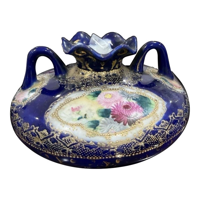 Hand Painted Nippon Vase Cobalt Blue Gold Gilt Floral 2 Handled Roses VTG For Sale
