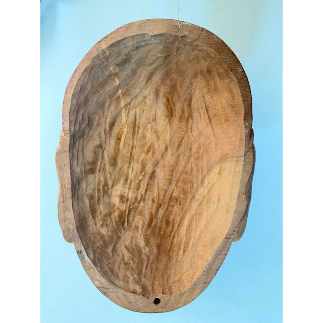 Vintage Hand-Carved Wood Daruma Bodhidharma Wall Mask With Hossu Fly Whisk For Sale - Image 10 of 12