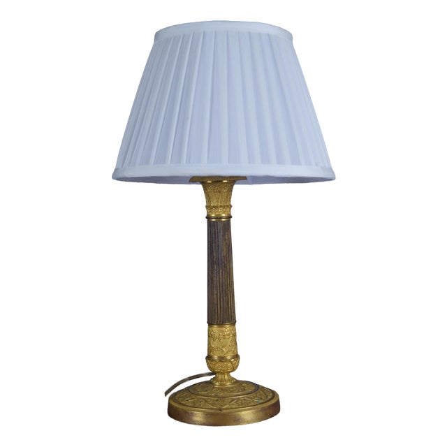 19th Century Ormolu Gilt Bronze Table Lamp with Pleated Shade For Sale