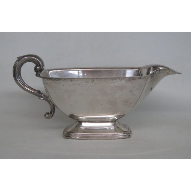 Mid 20th Century Mid 20th Century Metal Gravy Boat Silver Plated Sauce Serving Dish With Scrollwork Handle For Sale - Image 5 of 15