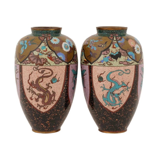 Late 19th Century Pair of Japanese Cloisonne Enamel Pink & Purple Vases Phoenix Dragon Goldstone For Sale - Image 5 of 7