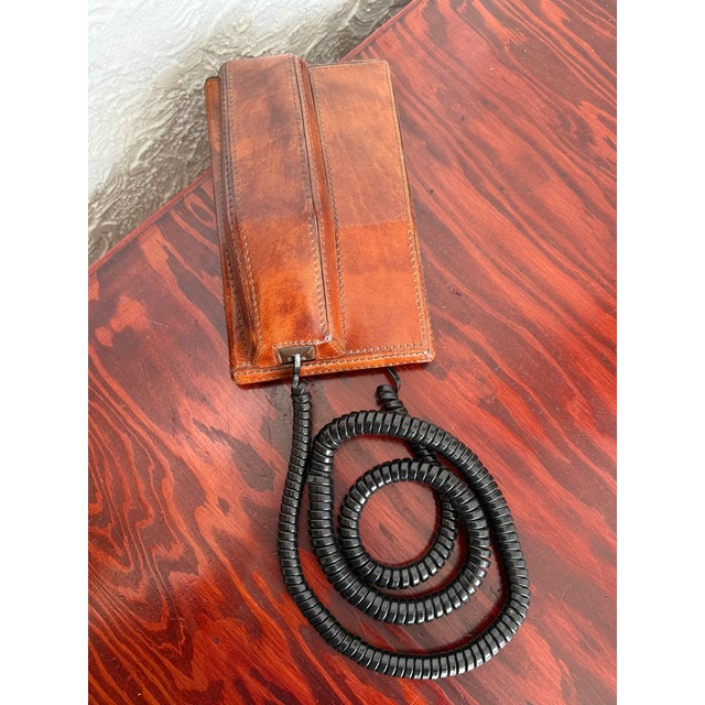 Brown Vintage Stitched Tan Leather Covered Telephone For Sale - Image 8 of 8