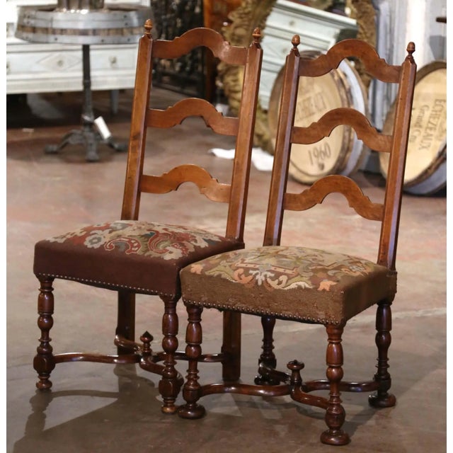 Late 19th Century Pair of 19th Century French Louis XIV Walnut Chairs With Needlepoint Seats For Sale - Image 5 of 10