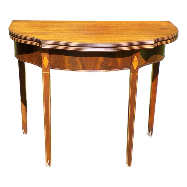 Antique Federal Style Inlaid Mahogany Game Card Table Demilune Console Table For Sale