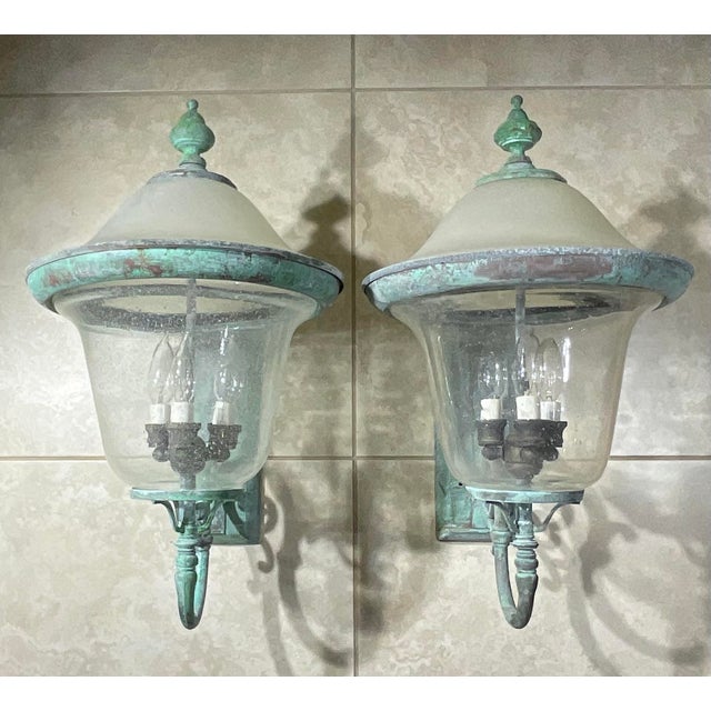Metal Pair of Vintage Solid Brass Outdoor Sconces - Large Verdigris Patina Lanterns For Sale - Image 7 of 16