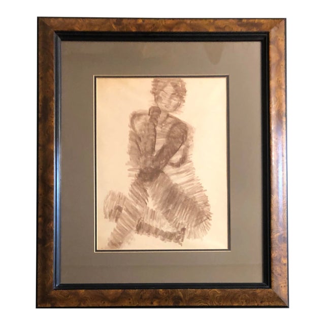 Original Vintage Brown Chalk Female Nude Life Study Drawing For Sale