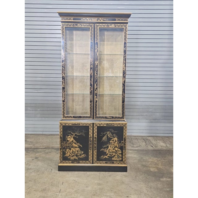 Store Item: DREXEL HERITAGE Black Lacquer Et Cetera Chinoiserie China Cabinet Bookcase Description: A hand painted Drexel...