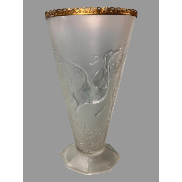 Vintage Czech Style Art Deco Embossed Satin Glass Libochovice 10" Heron Egret Vase For Sale - Image 10 of 11