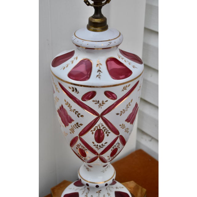 Cranberry Glass and Brass Lamp Vintage Table Bohemian Czech Hand Painted For Sale - Image 17 of 18