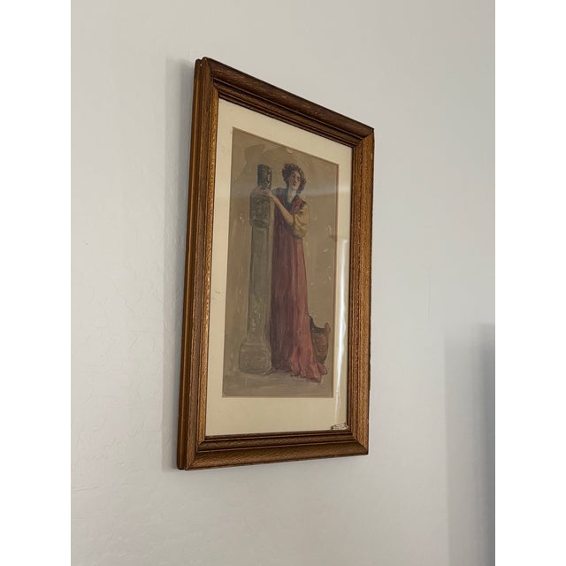Dark Pink Antique Early 20th Century Woman Pedestal Watercolor Signed Matted and Framed Under Glass Original Art 21”t X 14.75”w For Sale - Image 8 of 12
