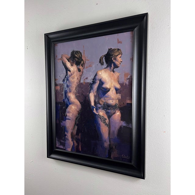 Figurative Inner Speech by Calvin Lai | Oil on hardboard panel Two nude figures in contrasting poses. For Sale - Image 3 of 3