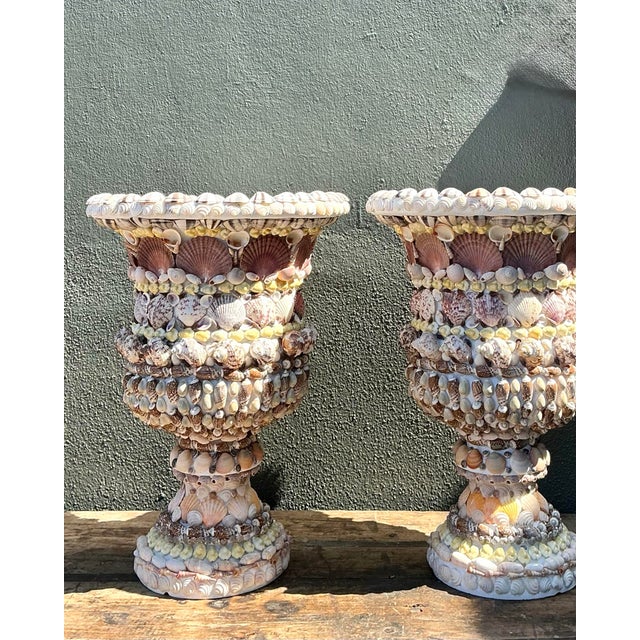 Vintage Shell Encrusted Resin Urns - A Pair For Sale - Image 11 of 12
