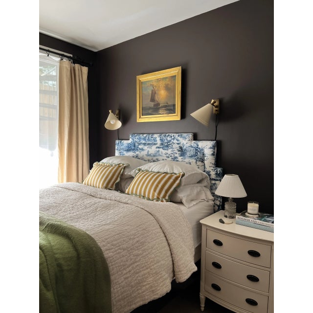 French Gigi Blue Toile Upholstered Queen Headboard For Sale - Image 3 of 3