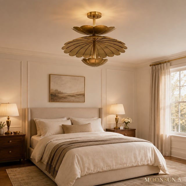 Handmade Brass Lotus Flush Mount Ceiling Light, Antique Floral Fixture For Sale - Image 6 of 12