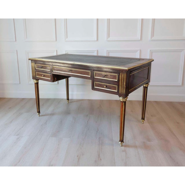 Louis XVI-Style Double-Sided Wood and Brass Bureau Plat with Leather Top For Sale - Image 9 of 13