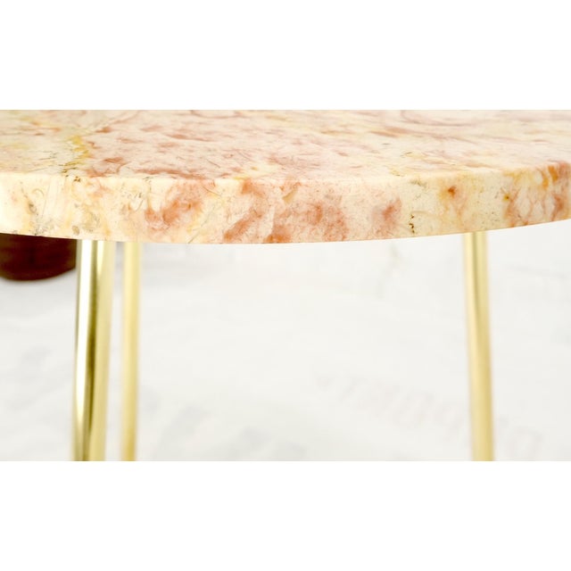 Pair Round Rouge Marble Top Tri Legged Brass Base Mid-Century Modern End Tables For Sale - Image 11 of 15