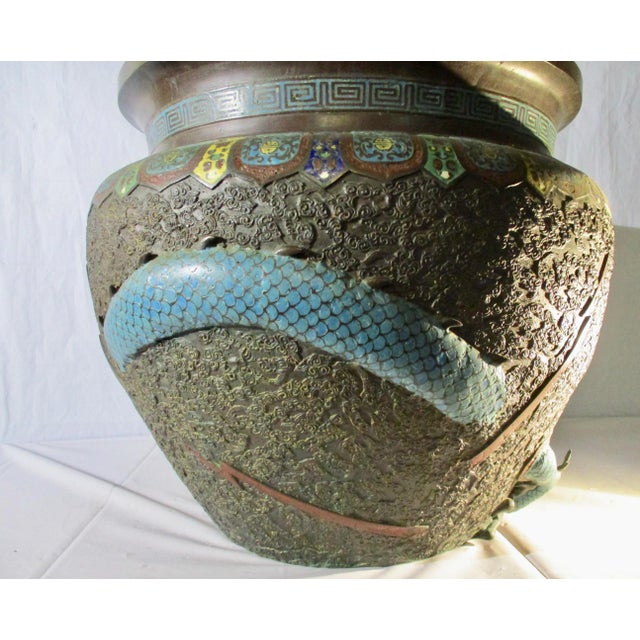 Wood Japanese Champleve Bronze Jardiniere With Dragon For Sale - Image 7 of 13