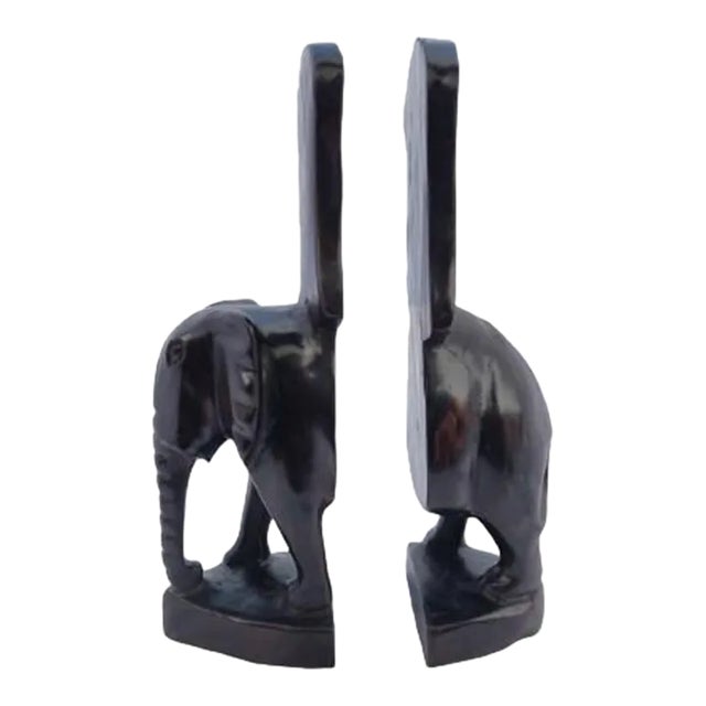 Vintage Mid 20th Century Hand Carved African Elephant Bookends - a Pair For Sale