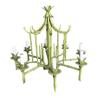 Vintage Lime Green Large Eight Light Faux Bamboo Pagoda Chandelier For Sale