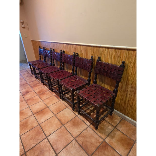 Spanish Mid 20th Century Spanish Set of Six Interlaced Leather Wooden Chairs For Sale - Image 3 of 12