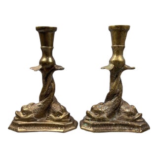 1920s Pair of Mottahedeh Brass Serpentine Dolphin Koi Fish Candlestick Holders For Sale