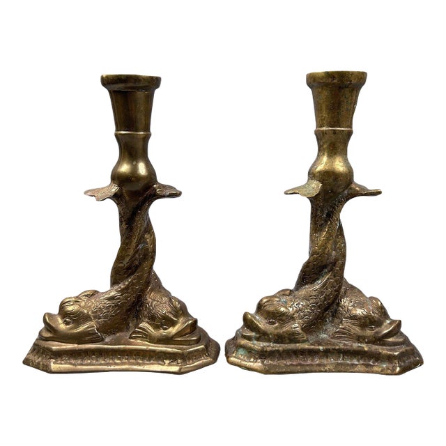 1920s Pair of Mottahedeh Brass Serpentine Dolphin Koi Fish Candlestick Holders For Sale