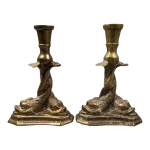 1920s Pair of Mottahedeh Brass Serpentine Dolphin Koi Fish Candlestick Holders
