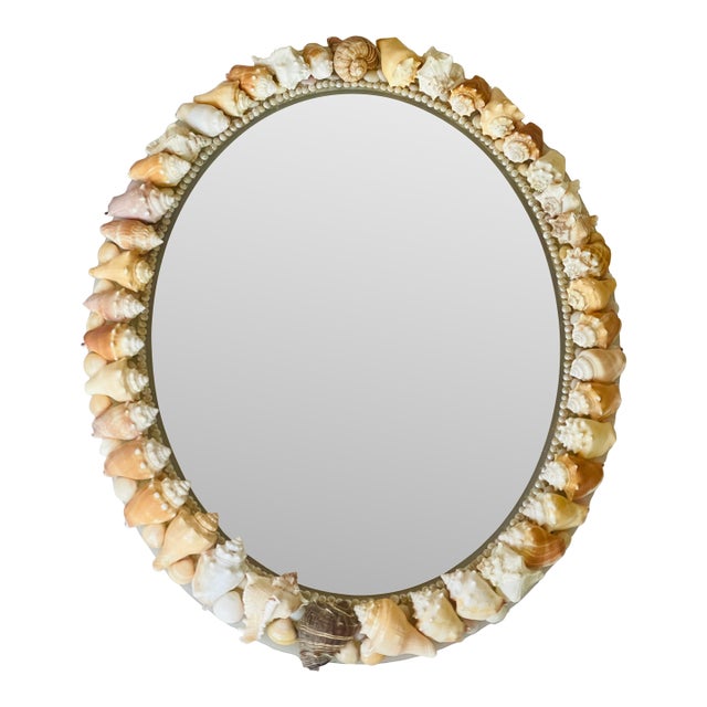 Fabulous Sea Conch Shell Encrusted Oval Mirror Tony Doucquett Style For Sale